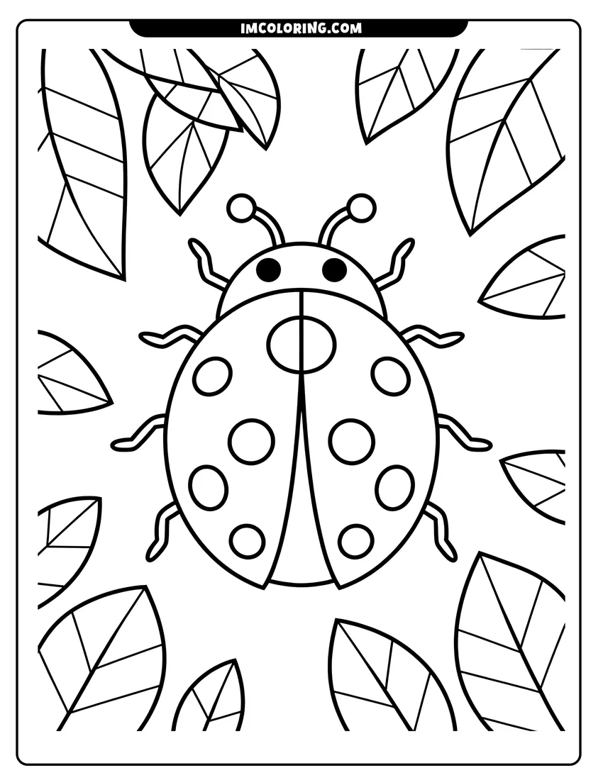 Coloring sheet featuring A simple ladybug with round spots surrounded by several large leaves in a garden setting