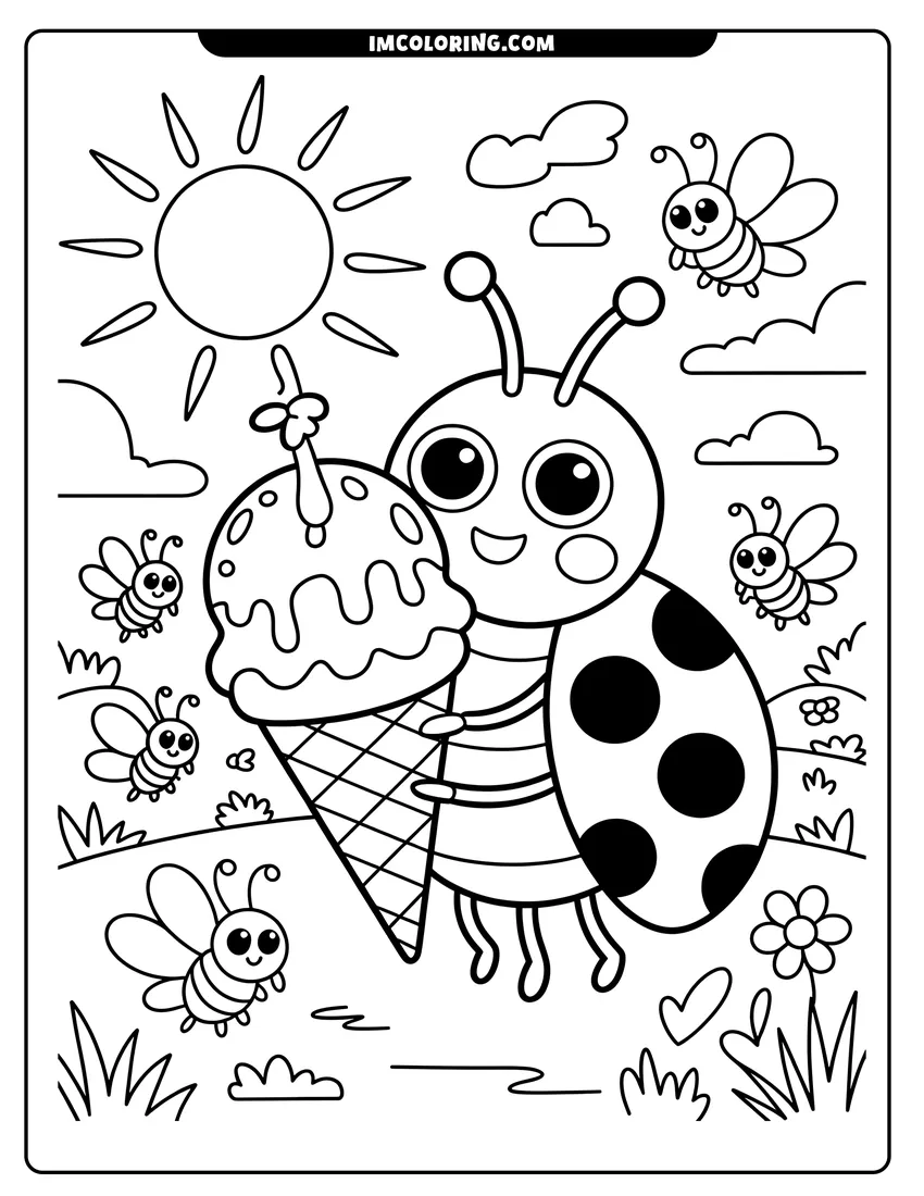 PDF style coloring page: A cheerful cartoon ladybug holds a large ice cream cone while tiny bees fly around in the sun