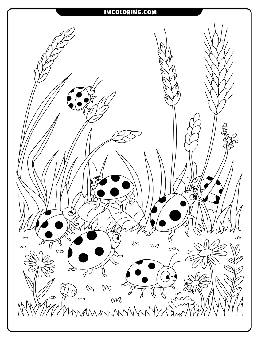 Coloring sheet featuring Several cartoon ladybugs with spots crawling through tall grass and wheat stalks near small garden flowers