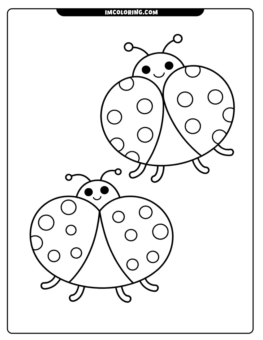 Doodle style coloring picture of Two cute cartoon ladybugs with spots and happy smiling faces in a simple black and white line drawing