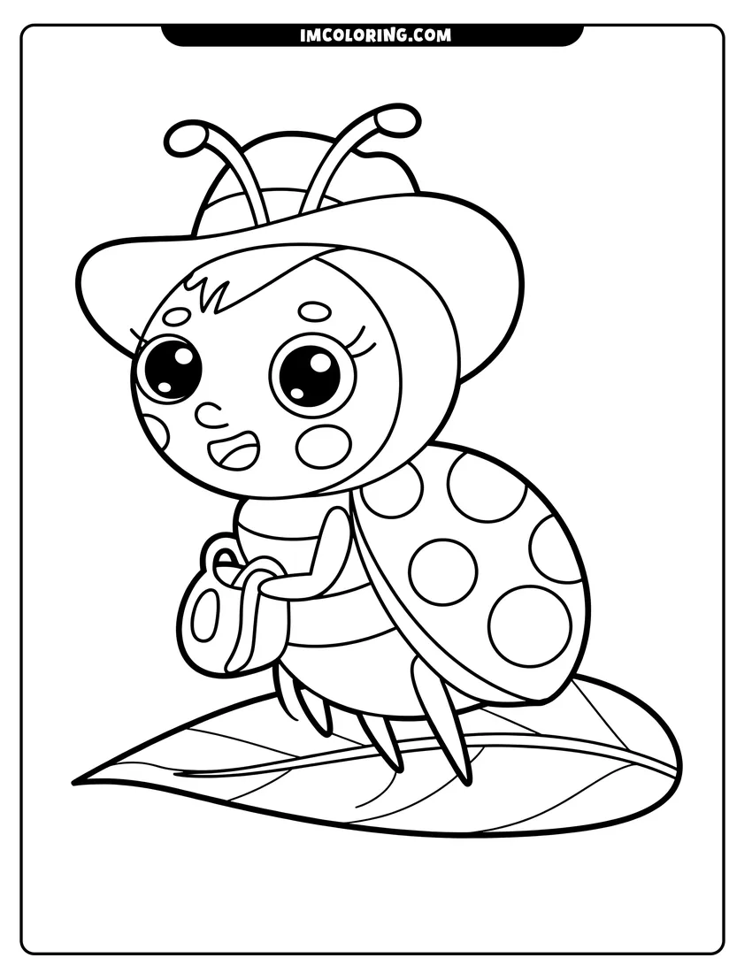Printable line art of A cartoon ladybug wearing a large hat and carrying a small purse while standing on a leaf
