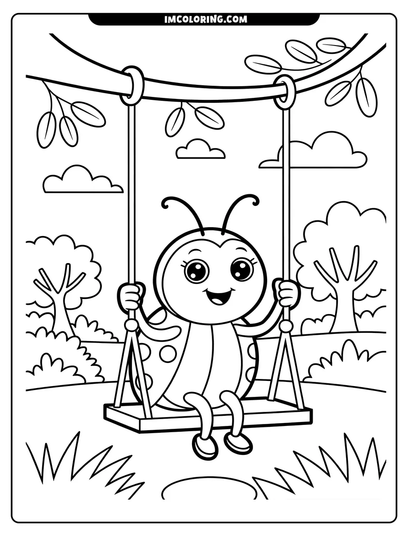 Full page coloring image of A smiling cartoon ladybug sits on a swing attached to a tree branch in a park setting