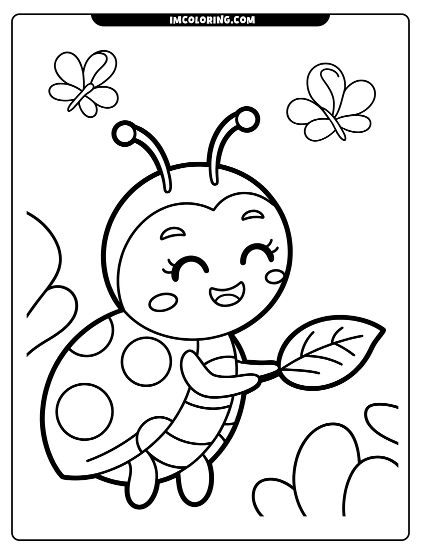 Coloring page for kids: A cute cartoon ladybug with spots holding a leaf, surrounded by two butterflies in a garden setting