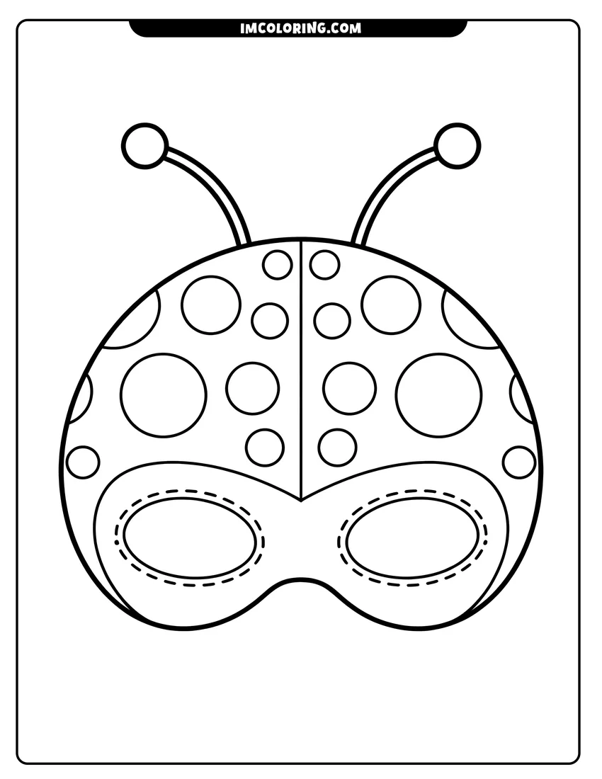 Coloring page for kids: A simple ladybug mask outline with spots and antennae for kids to decorate and wear for play