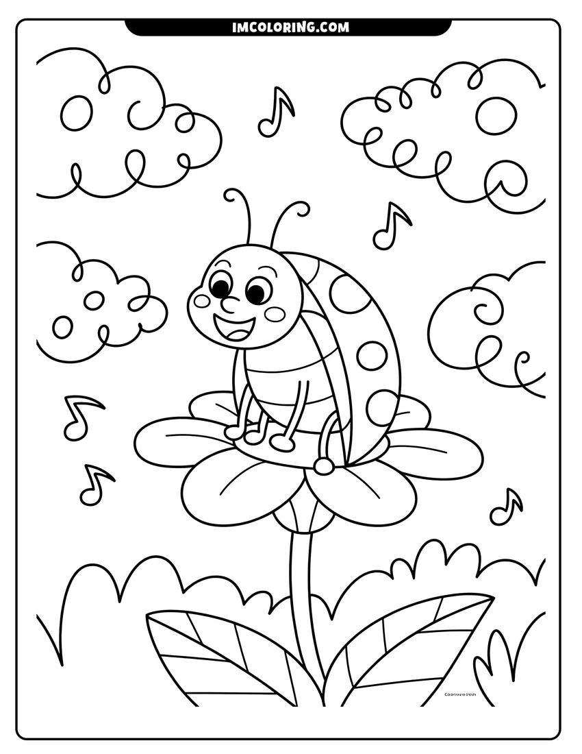 Black and white line art of A smiling cartoon ladybug sitting on a large flower with musical notes and clouds in the background