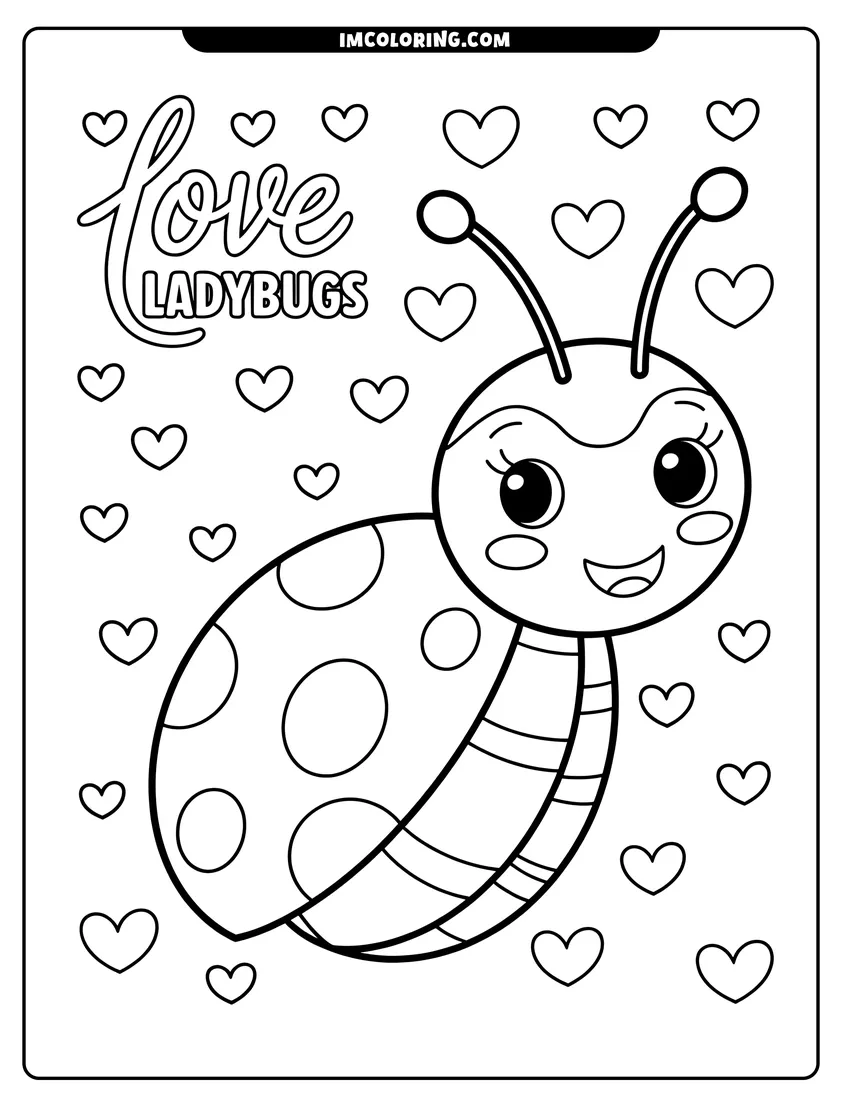 Downloadable coloring page of A happy cartoon ladybug smiling while surrounded by many small hearts and the words Love Ladybugs