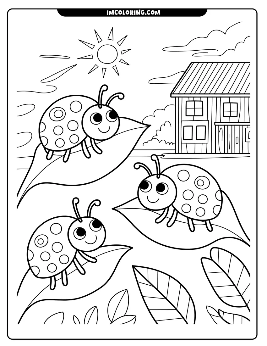 Simple sketch of Three smiling ladybugs with spots crawling on garden leaves outdoors near a small house under the sun to color