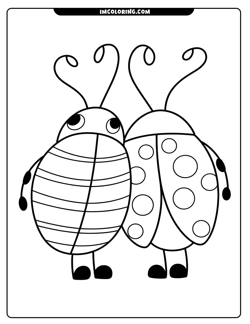 Doodle style coloring picture of Two cute ladybugs standing side by side, one with spots and the other with horizontal stripes