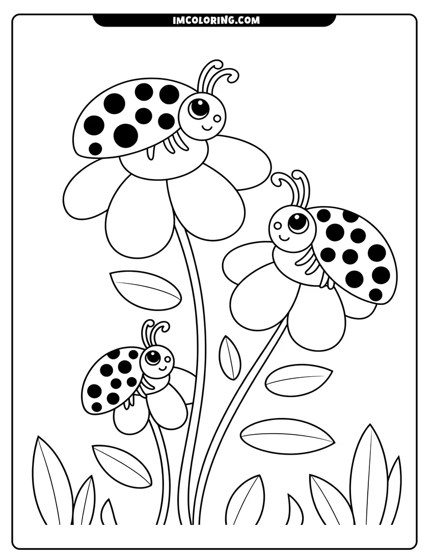 PDF style coloring page: Three smiling cartoon ladybugs with spots sitting on large garden flowers with stems and leaves