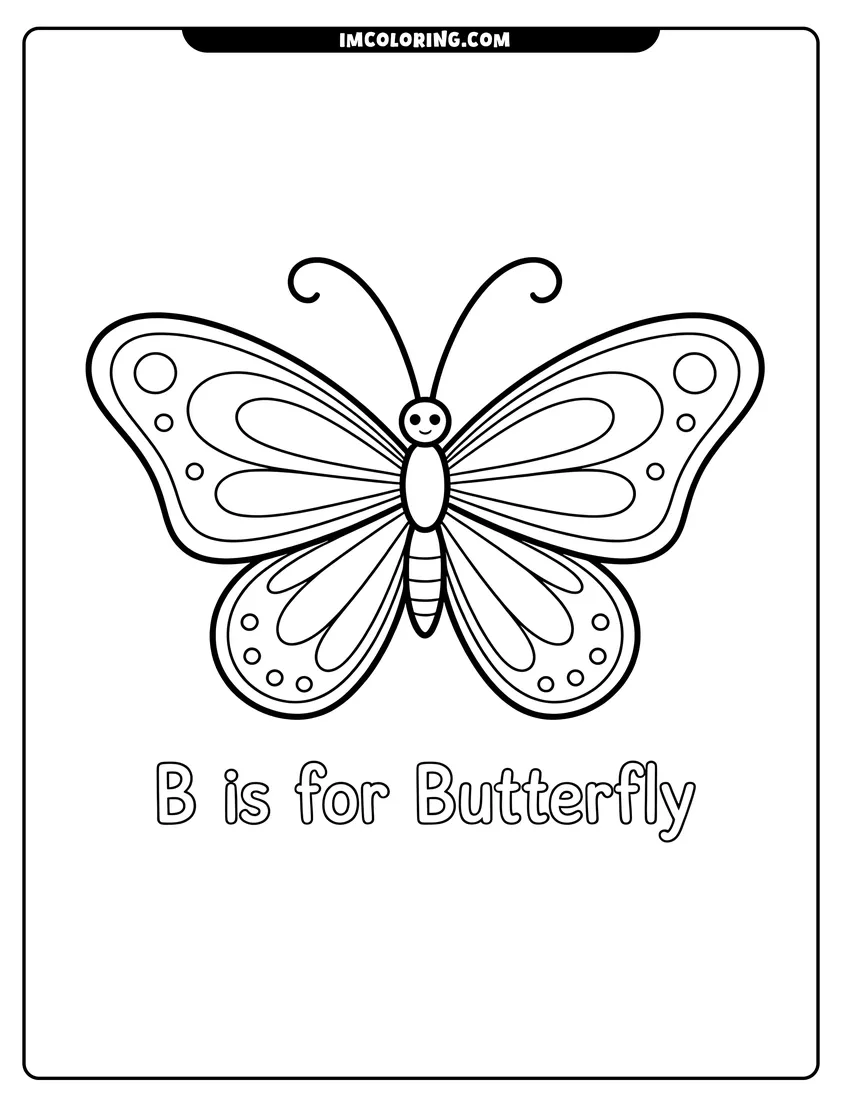 Coloring sheet featuring A smiling butterfly with symmetrical patterned wings above the text B is for Butterfly