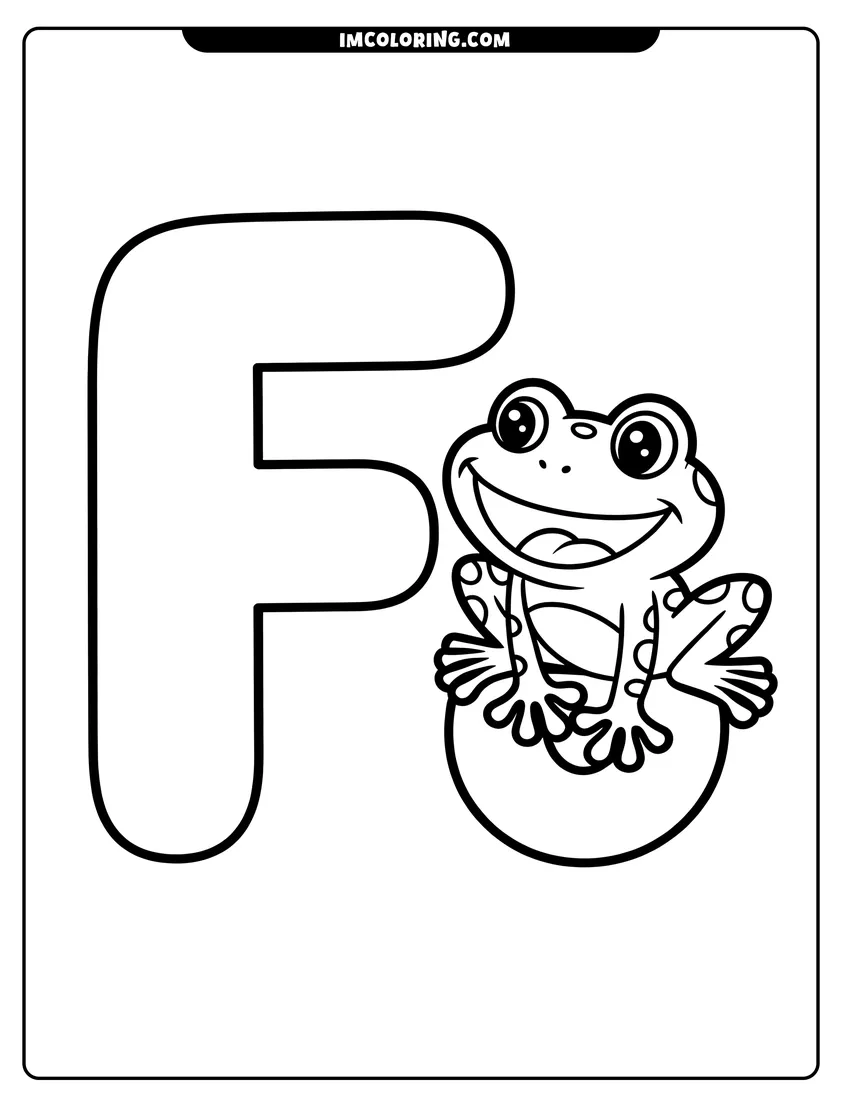 Coloring page of A happy cartoon frog smiling and sitting next to a large capital letter F for alphabet learning