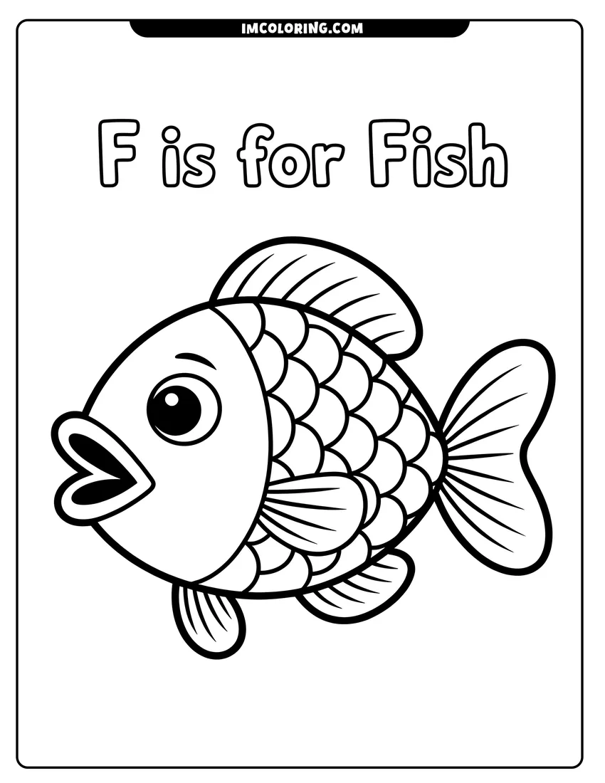 Doodle style coloring picture of A cute cartoon fish with large scales and big eyes swimming under the text F is for Fish