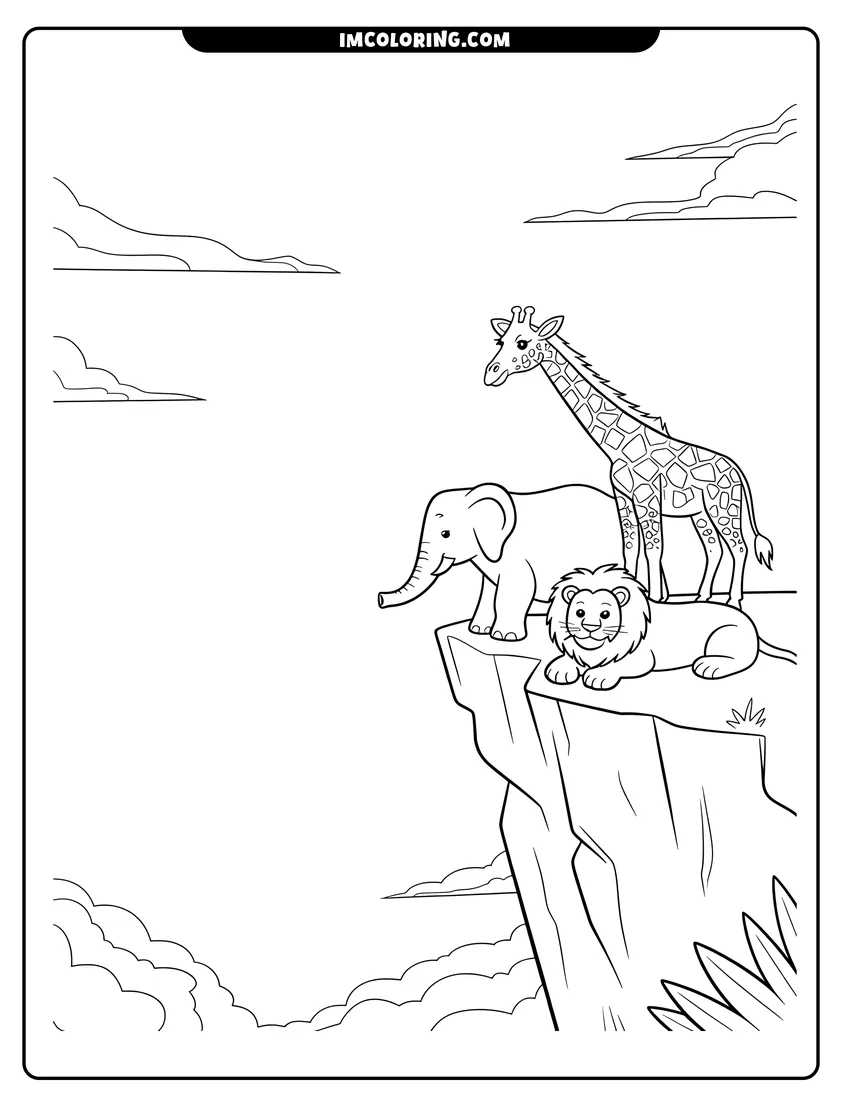 Doodle style coloring picture of A cartoon lion, elephant, and giraffe standing on a rocky cliff looking out over a cloudy sky