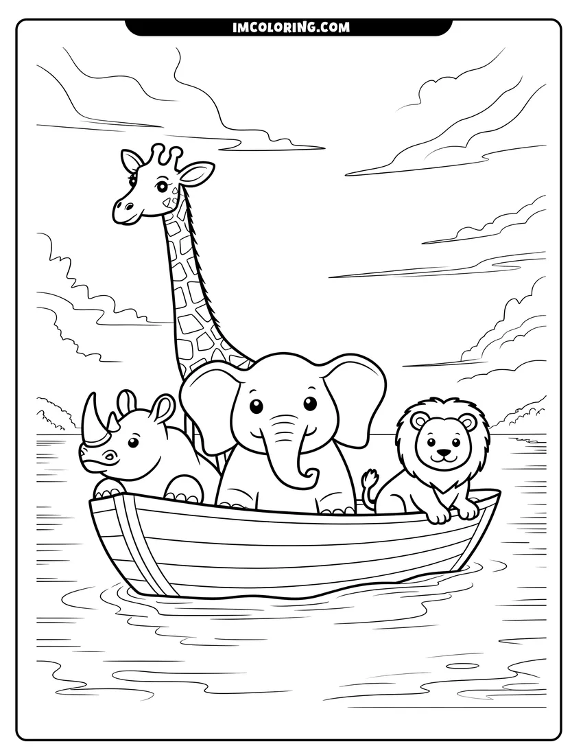 Clean line drawing: A cute lion, elephant, giraffe, and rhino sitting together in a small wooden boat on the water