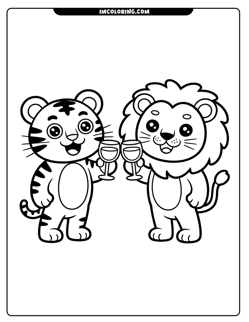 Coloring page for kids: A cute cartoon lion and a happy tiger holding juice glasses and smiling together in a celebration