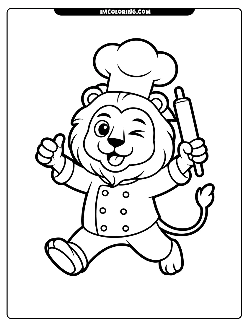 Linear illustration of A cute cartoon lion wearing a chef hat and jacket holding a rolling pin and winking