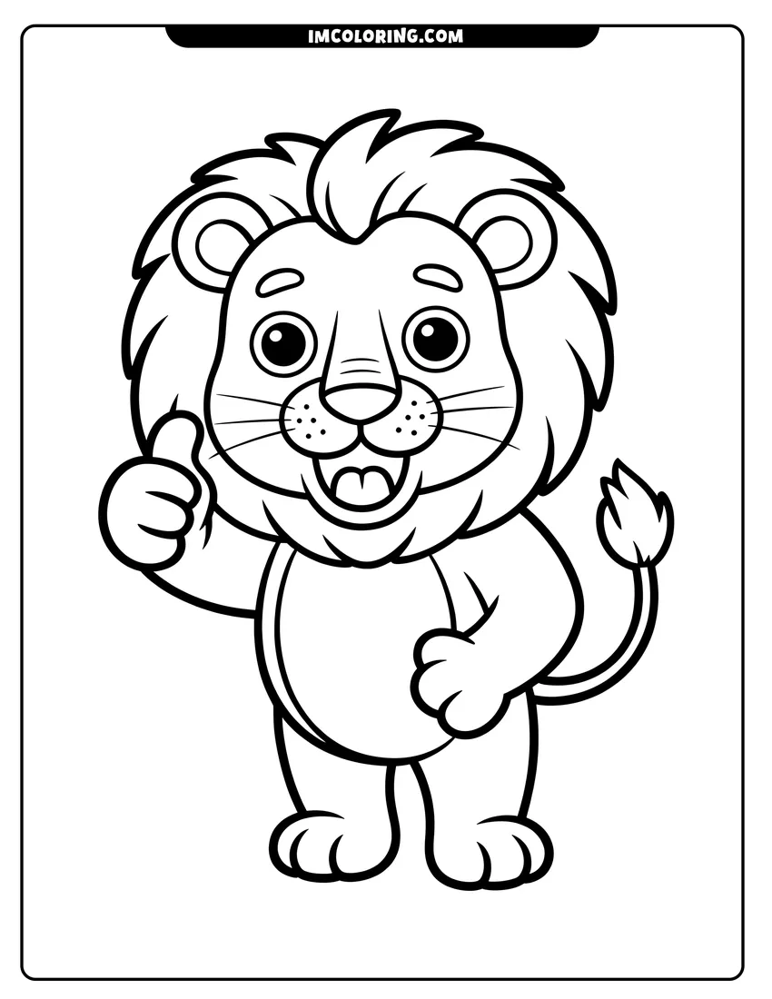 Downloadable coloring page of A happy cartoon lion cub with a fluffy mane standing and giving a friendly thumbs up sign