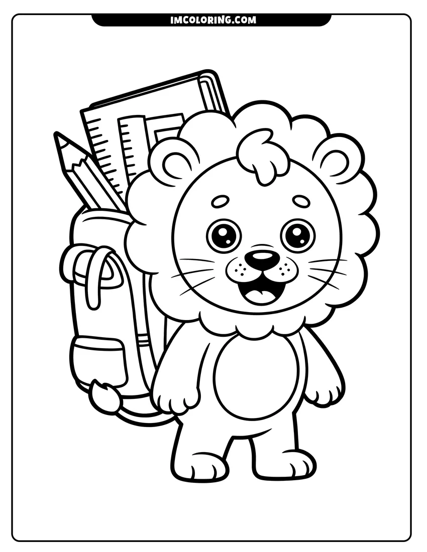 Full page coloring image of A smiling cartoon lion cub wearing a backpack with a pencil and ruler sticking out of the top
