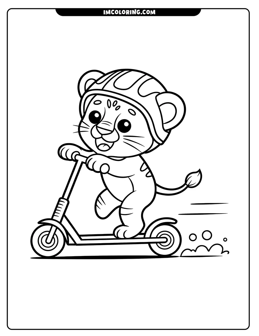 Doodle style coloring picture of A cute baby lion wearing a safety helmet and riding a kick scooter with a happy face