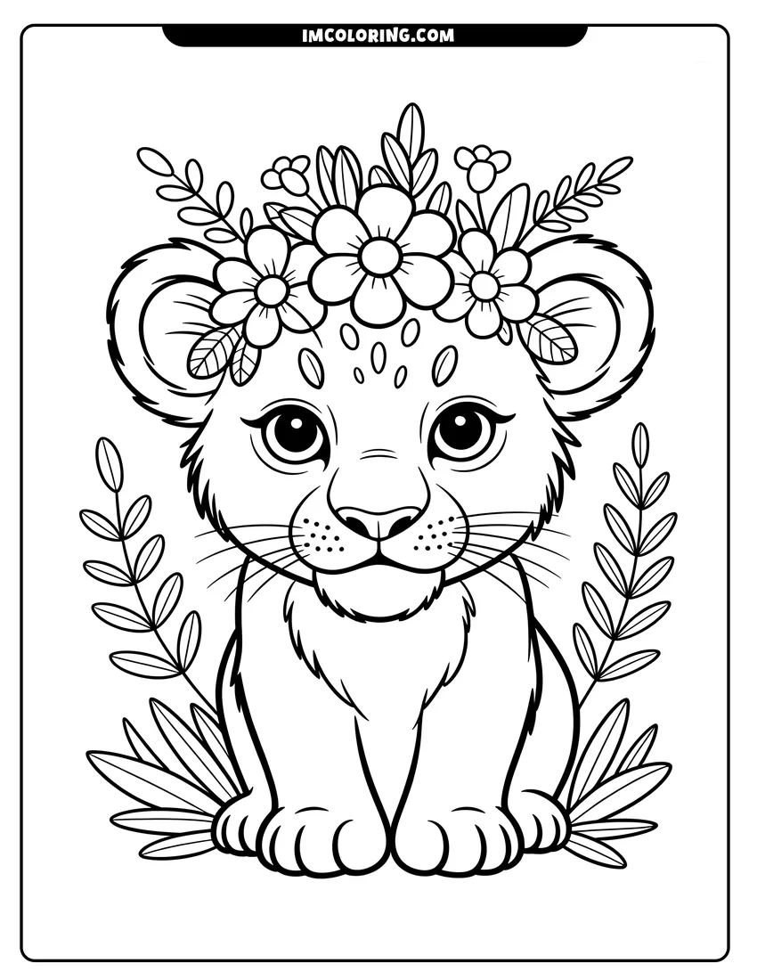 Printable line art of A cute baby lion cub sitting and wearing a crown of flowers surrounded by tropical jungle leaves