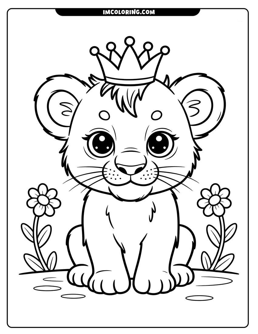 Free printable coloring sheet of A cute baby lion cub wearing a crown sitting between two flowers in a garden
