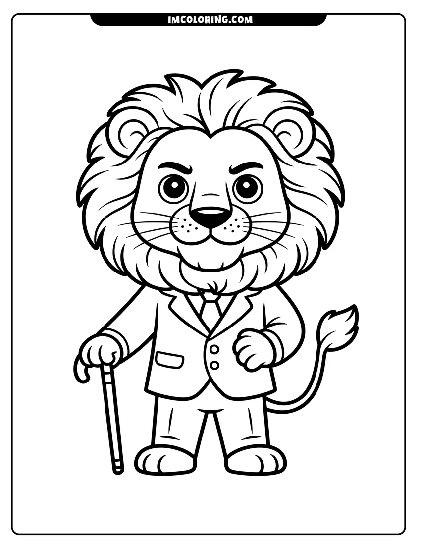 Linear illustration of A cartoon lion wearing a suit and tie, holding a cane and standing with a friendly expression