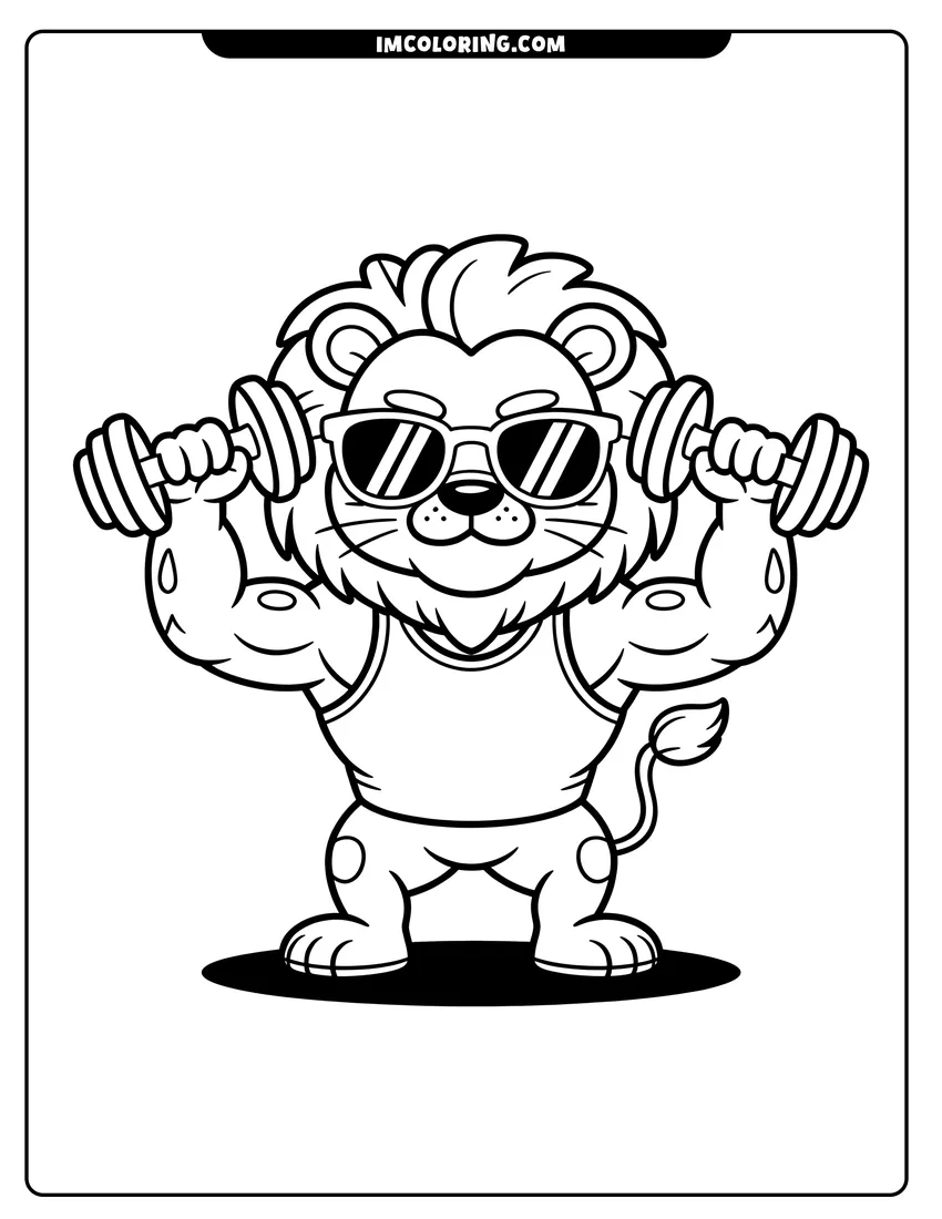 High quality printable A muscular cartoon lion wearing sunglasses and lifting dumbbells while standing in a strong pose for coloring