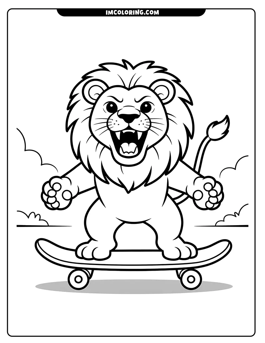 Simple sketch of A cartoon lion with a large mane roaring while standing on a skateboard in a park to color