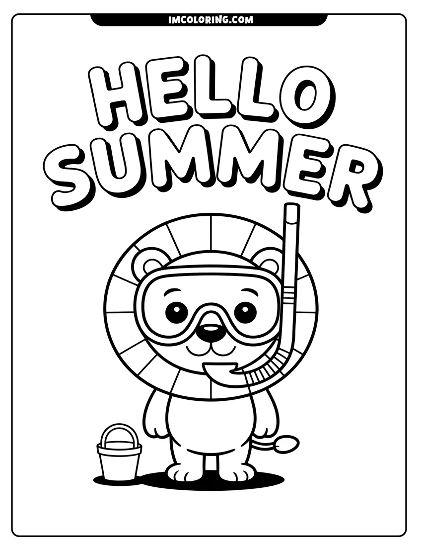 Vector style outline of A cute cartoon lion wearing a snorkel and mask stands under the words Hello Summer with a bucket
