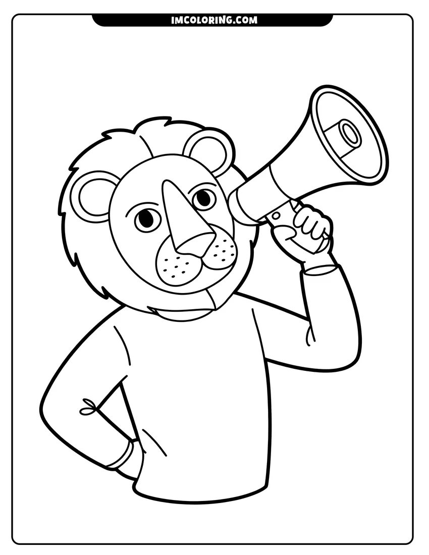 Downloadable coloring page of A friendly lion wearing a sweater holds a large megaphone to his face to make an announcement