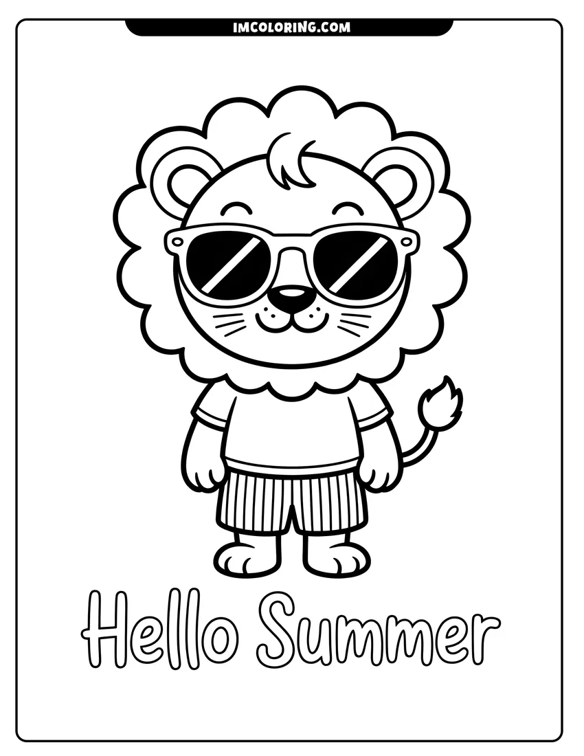 Simple sketch of A cute cartoon lion wearing sunglasses and summer shorts with the text Hello Summer underneath to color