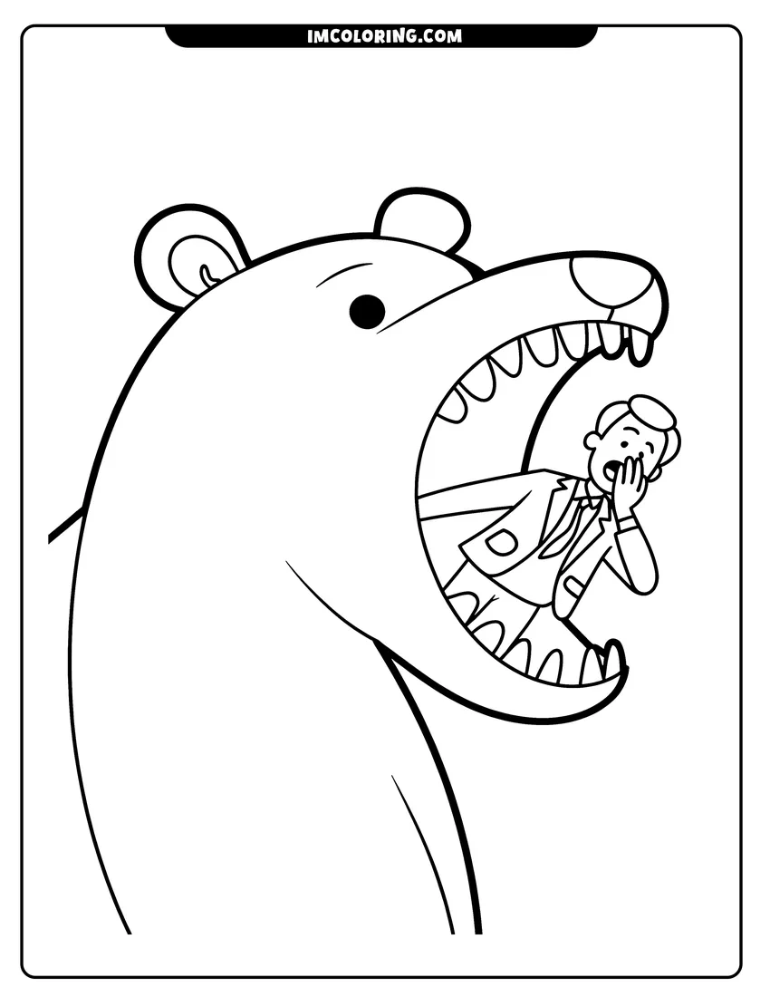 Full page coloring image of A simple drawing of a lion with a wide open mouth and a yawning man standing inside it