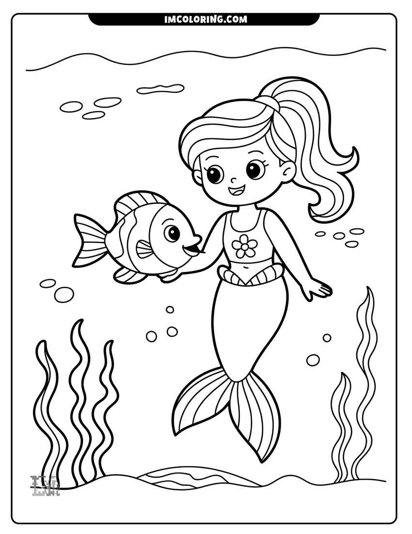 PDF style coloring page: A cute cartoon mermaid with a ponytail smiling at a small fish underwater near seaweed and bubbles