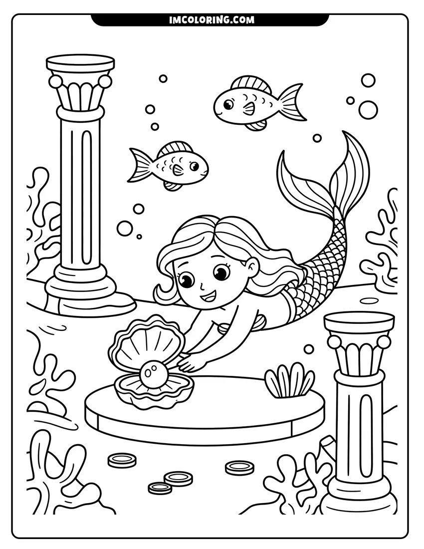 Doodle style coloring picture of A cute cartoon mermaid reaching for a large pearl inside an open shell amidst fish and columns
