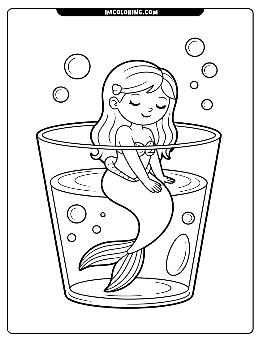 High quality printable A cute chibi mermaid with long hair sitting inside a glass of water surrounded by floating bubbles for coloring