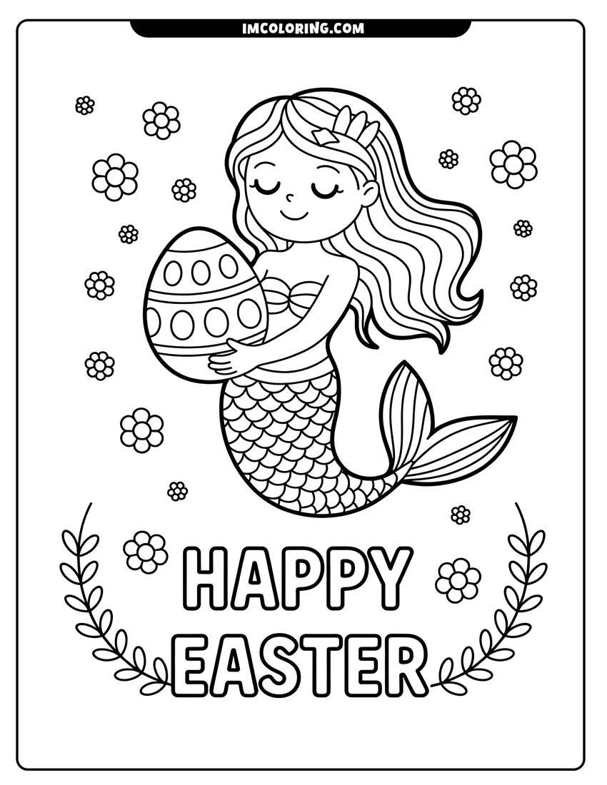 High quality printable A cute mermaid holding a large decorated Easter egg surrounded by floating flowers and Happy Easter text for coloring
