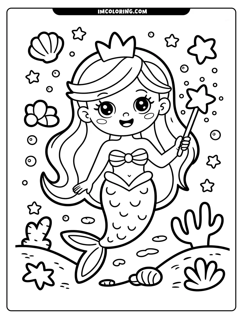 Clean line drawing: A cute cartoon mermaid wearing a crown and holding a star wand underwater near coral and seashells