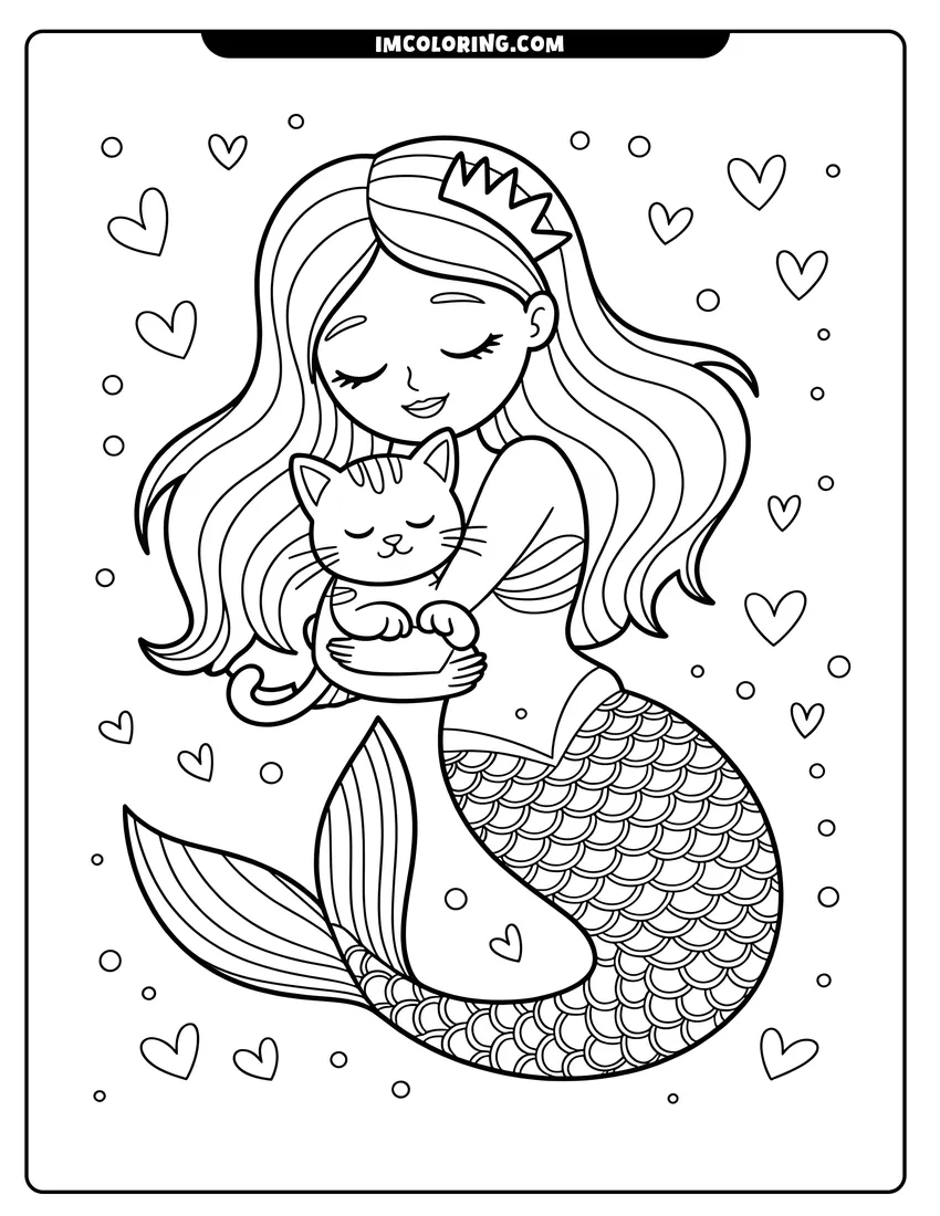 PDF style coloring page: A cute mermaid wearing a crown hugs a small cat surrounded by hearts and bubbles underwater
