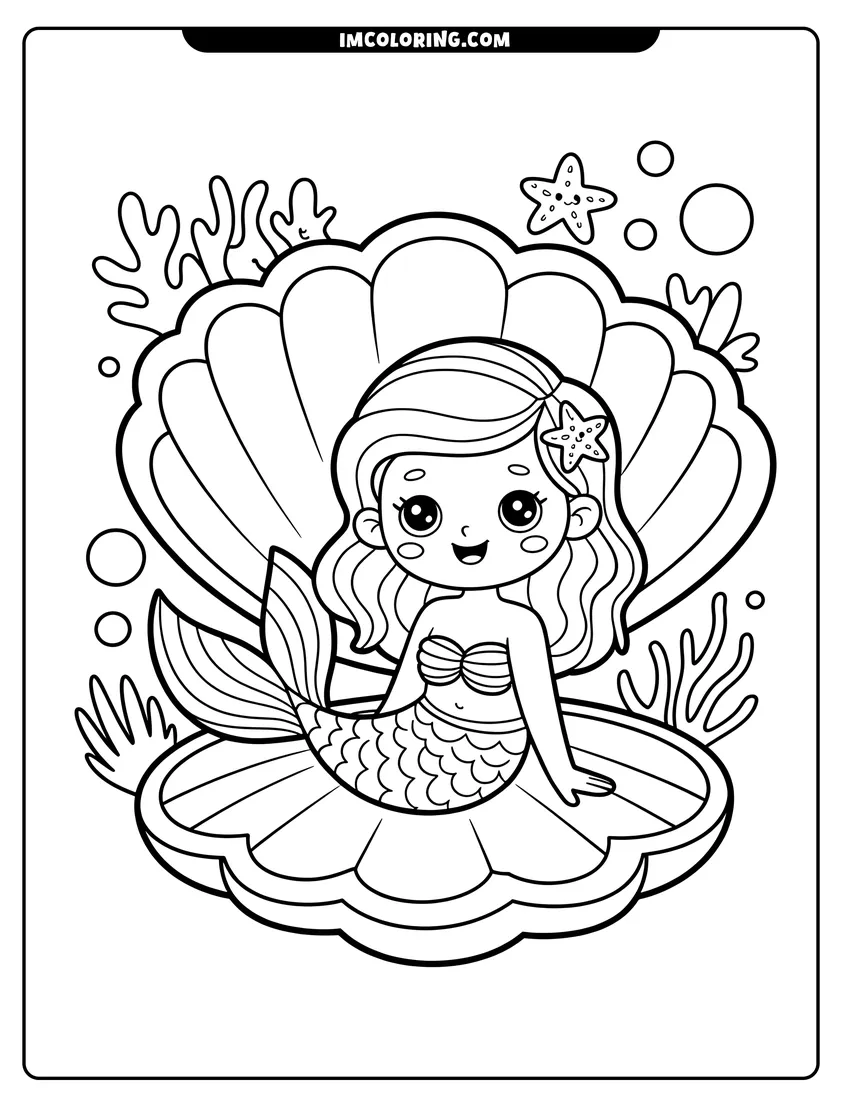 Coloring page of A cute cartoon mermaid sitting inside an open giant seashell with coral and bubbles in the background