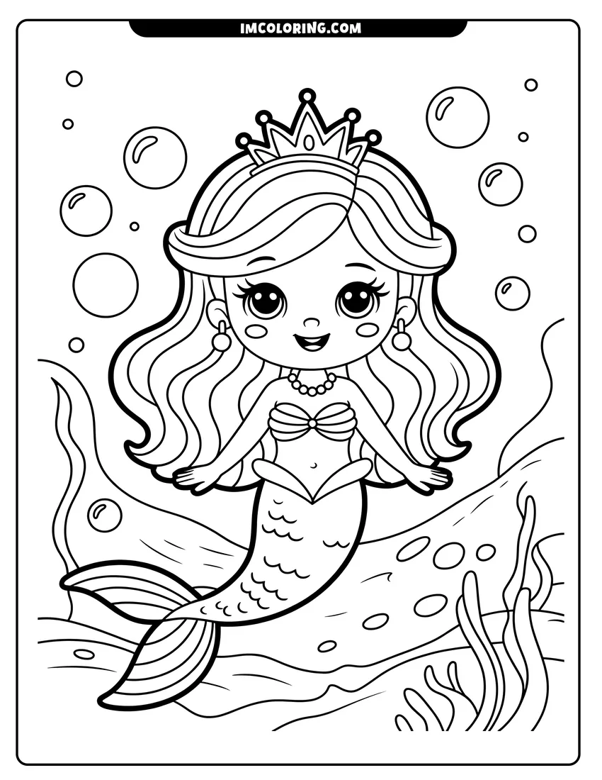Linear illustration of A cute chibi mermaid wearing a crown and pearl necklace swims underwater surrounded by bubbles and sea plants