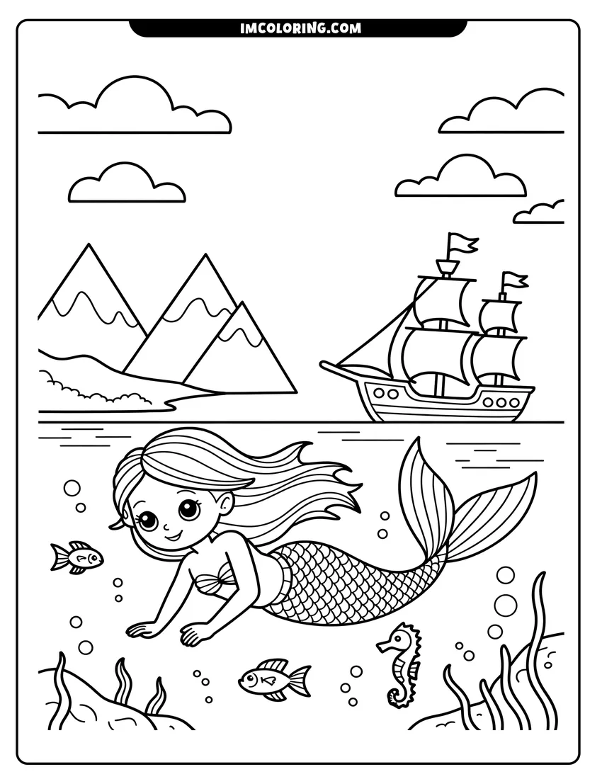 Coloring page of A cute mermaid swimming underwater with a seahorse and fish while a ship sails past distant mountains