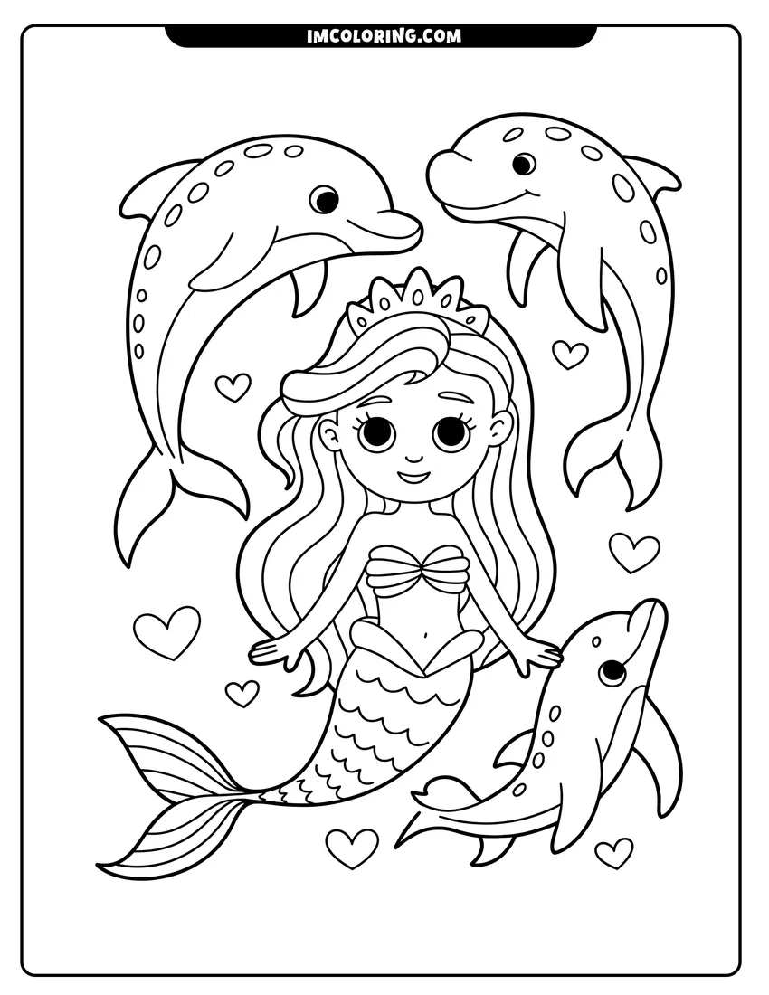 Doodle style coloring picture of A cute mermaid princess wearing a crown swims among three playful dolphins and floating hearts in the ocean