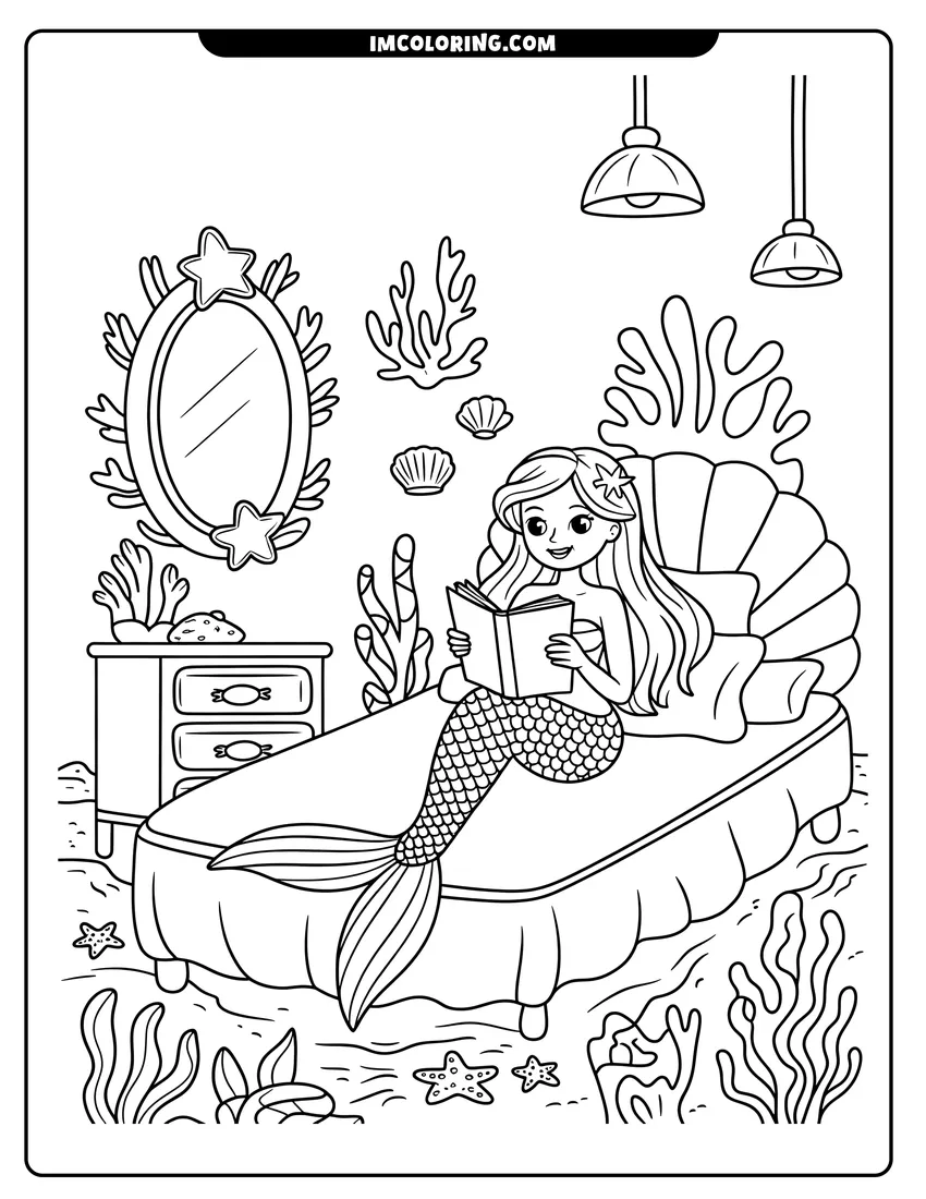 Doodle style coloring picture of A cartoon mermaid sits on a bed reading a book in an underwater room with a shell headboard