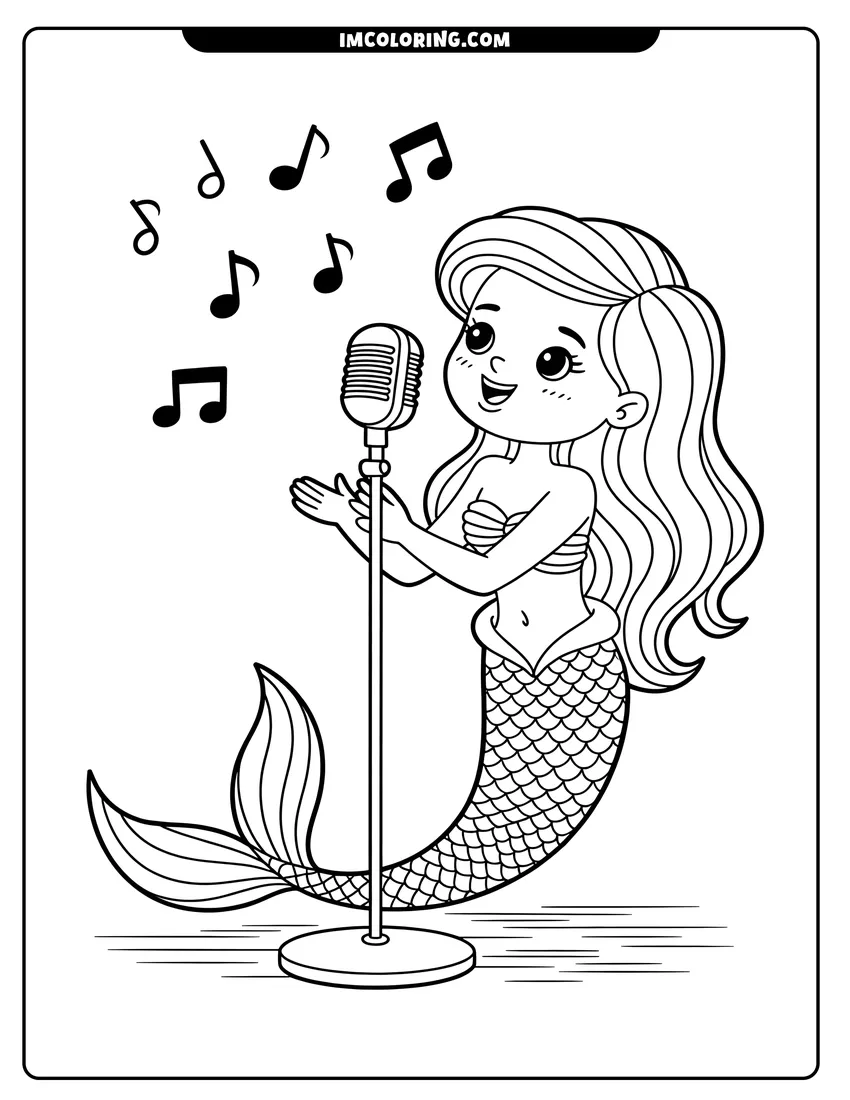 Coloring page for kids: A cute mermaid with long hair singing into a microphone surrounded by musical notes under the sea