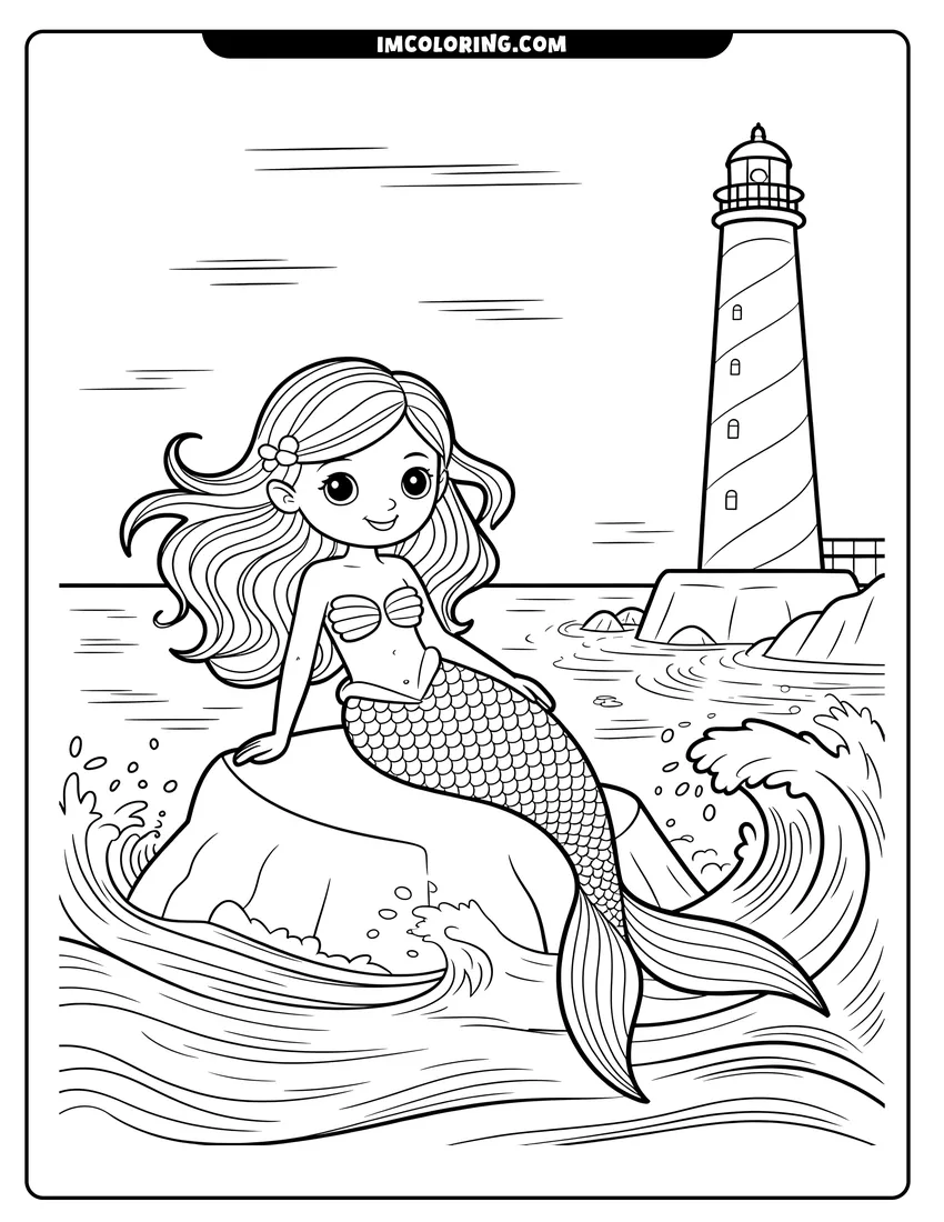 Printable coloring page of A cute mermaid with long hair sitting on a rock in the ocean next to a lighthouse