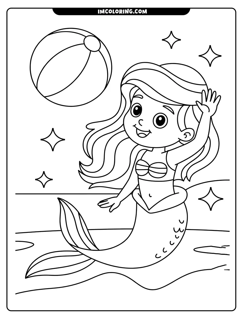 Coloring sheet featuring A cartoon mermaid waving one hand while playing with a large beach ball under the sea with stars