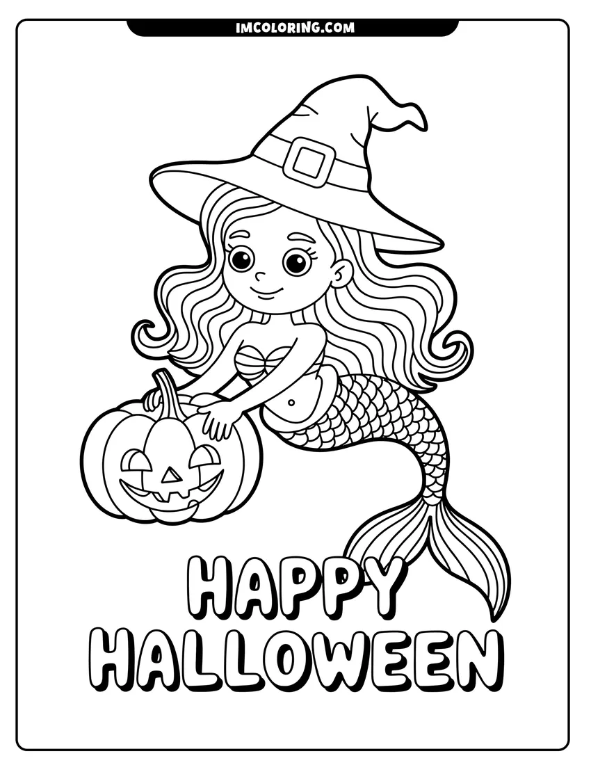 PDF style coloring page: A cute mermaid wearing a witch hat and holding a carved Halloween pumpkin under Happy Halloween text