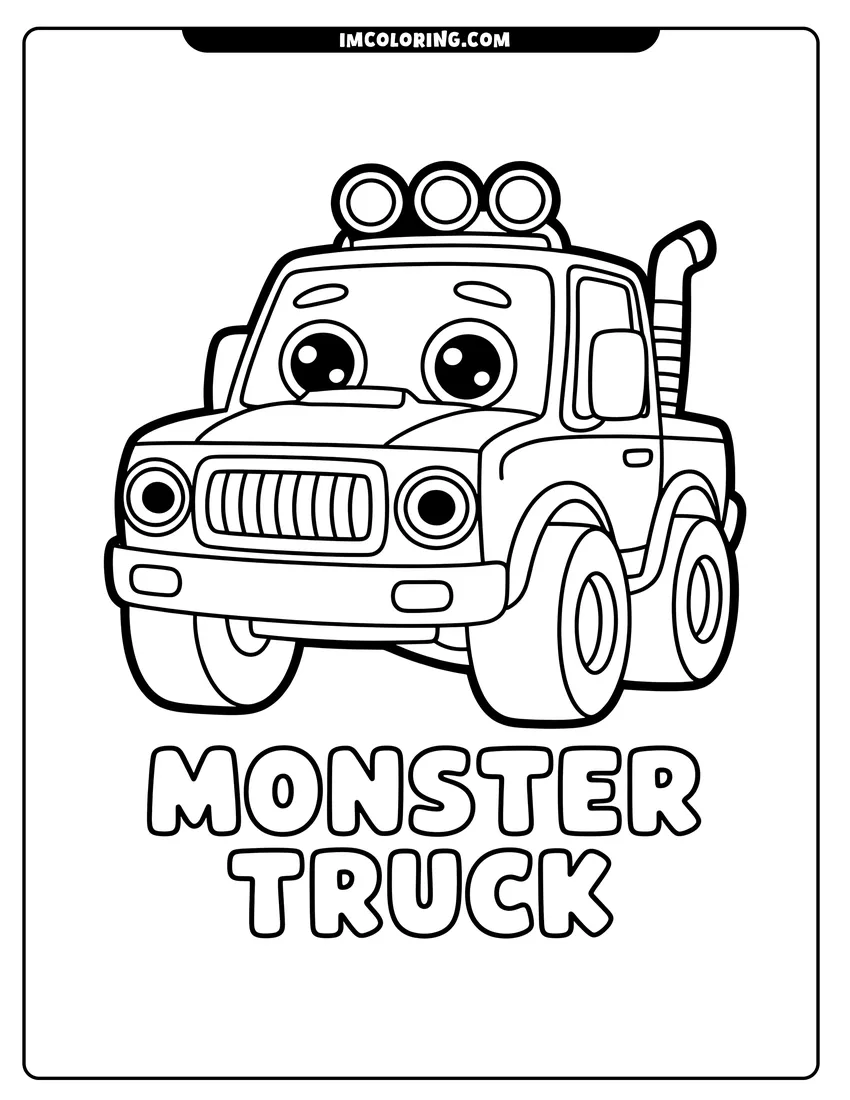 Simple sketch of A cute monster truck with big cartoon eyes, thick tires, and the words Monster Truck below it to color