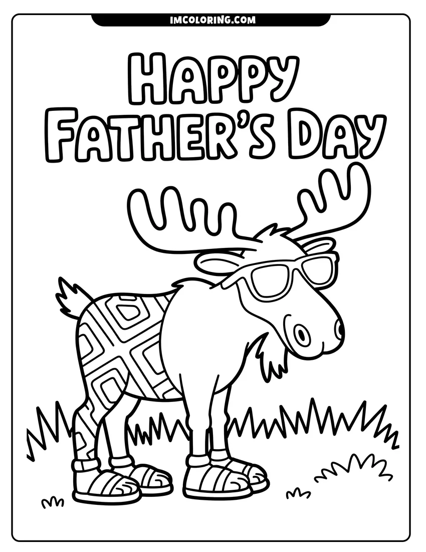 Full page coloring image of A cartoon moose wearing sunglasses and sandals with Happy Father's Day text written in the sky above