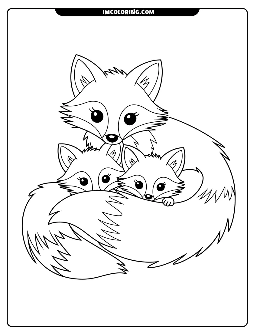 PDF style coloring page: A mother fox with large ears cuddling two baby fox kits inside her large bushy tail